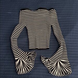 Black & White Striped Off-Shoulder Bell Sleeve Top